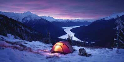 AI generated winter camps. camping in your own tent, photo