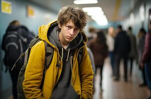 AI generated boy in hallway looking down at his backpack in disbelief with other people photo