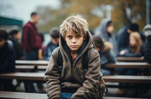 AI generated a young boy is sad at school photo