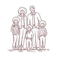 Large family group portrait, hand drawn cartoon style, vector illustration isolated on white. Happy young mother, father and three kids