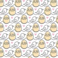 Cute spring easter rabbit or bunny and heart seamless pattern, line style, on white backround vector