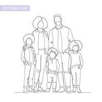 One single endless line large family group portrait, simple continuous contour, modern trendy style, vector illustration isolated on white. Mother, father and three kids