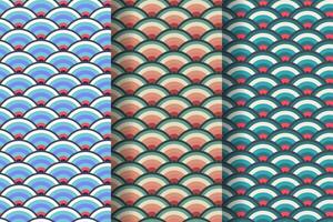 Set of japanese wave geometric seamless pattern, called Seigaiha, concentric circles, fish scale imitation, traditional oriental art, vector illustration