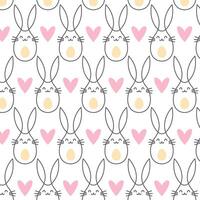 Cute spring easter rabbit or bunny and heart seamless pattern, line style, on white backround vector