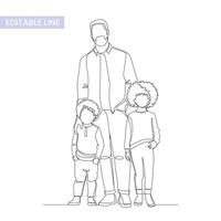 One single endless line single parent family group portrait, simple continuous contour, modern trendy style, vector illustration isolated on white. Single father and two kids