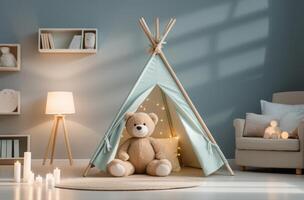 ai generado niño habitación con un oso y un tipi tienda foto