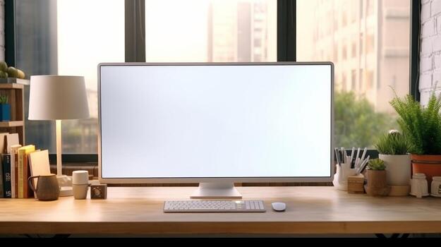 AI generated blank screen monitor on coffee table photo