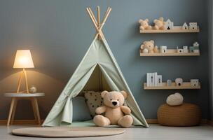 ai generado niño habitación con un oso y un tipi tienda foto