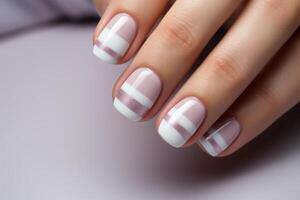 AI generated bride's hands holding pink and white colored nails photo