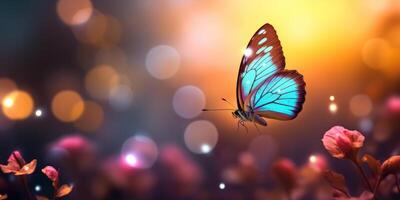 ai generado mariposa en flor con antecedentes de bokeh ligero en noche puesta de sol foto