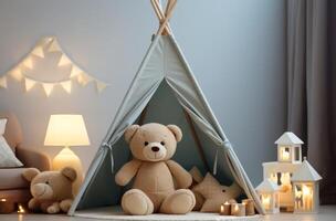 ai generado niño habitación con un oso y un tipi tienda foto