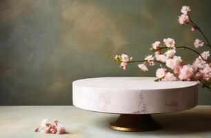 AI generated circular white cake with pink flowers and flowers in spring photo