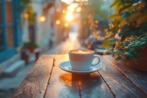 AI generated coffee cup sitting on table outside in the evening photo