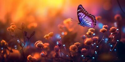 AI generated butterfly looking through flowers at sunset, and sunbeams photo