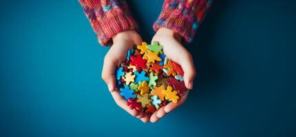 AI generated children's hands holding autism puzzle pieces on a blue background photo