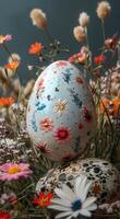 AI generated an easter egg are surrounded by flowers and a pink flower photo