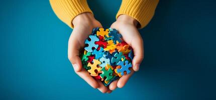AI generated children's hands holding autism puzzle pieces on a blue background photo