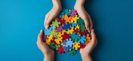 AI generated children's hands holding autism puzzle pieces on a blue background photo