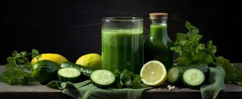 AI generated green juice with cucumber, cucumber, lemon and tarragon photo