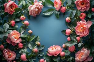 AI generated frame with white tv screen frame isolated on blue background with pink peony flowers photo