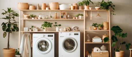 AI generated image of washing machines, laundry, pots and shelves photo