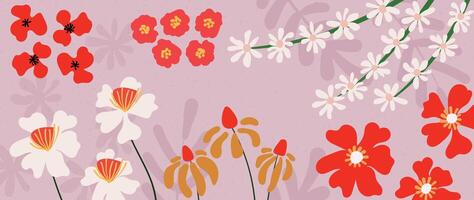 Spring floral art background vector illustration. Hand drawn colorful botanical flower, leaves with grunge texture. Design for wallpaper, poster, banner, card, print, web and packaging.