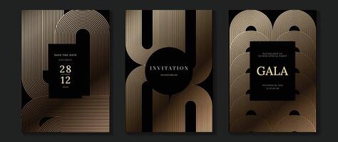 Luxury invitation card background vector. Golden elegant wavy gold line pattern on dark background. Premium design illustration for wedding and vip cover template, grand opening. vector