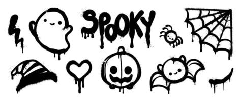 Set of black graffiti spray element vector. Collection halloween of symbol, ghost, pumpkin, cobweb, bat, spider, hat with ink drip texture. Design illustration for sticker, decoration, street art. vector