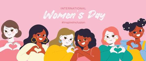 International Women's Day banner vector. Inspire Inclusion hashtag slogan with hand drawn women character from diverse background heart shape hand gesture. Design for poster, campaign, social media. vector