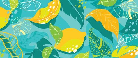 Summer tropical jungle green background vector. Colorful botanical with exotic plant, flowers, palm leaves, fruit, lemon. Happy summertime illustration for poster, cover, banner, prints. vector