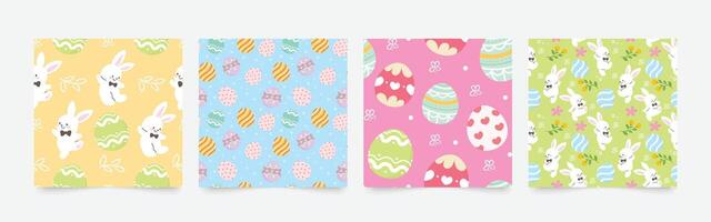 Happy Easter seamless pattern vector. Set of square cover design with easter egg, rabbit, flower, foliage. Spring season repeated in fabric pattern for prints, wallpaper, cover, packaging, ads. vector