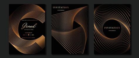 Luxury invitation card background vector. Golden elegant wavy gold line pattern on dark background. Premium design illustration for wedding and vip cover template, grand opening. vector