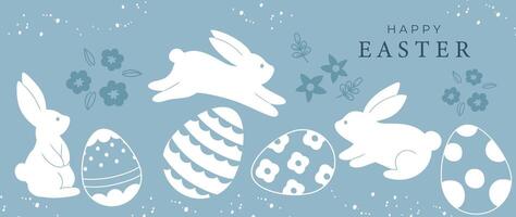 Happy Easter element background vector. Hand drawn cute white rabbit, easter egg, flower, leaf branch on blue background. Collection of adorable doodle design for decorative, card, kids, banner. vector