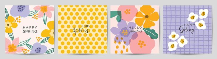 Spring season floral square cover vector. Set of banner design with flowers, leaves, branch. Colorful blossom background for social media post, website, business, ads. vector