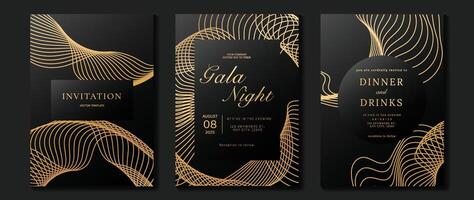Luxury invitation card background vector. Golden elegant geometric shape, gold line gradient, wavy on dark brown gradient background. Premium design illustration for gala card, grand opening, wedding. vector