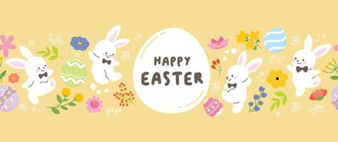 Happy Easter seamless background vector. Hand drawn cute white rabbit, easter eggs, flowers, leaf branch on yellow background. Collection of adorable doodle design for decorative, card, kids, banner. vector
