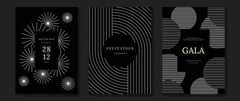 Luxury invitation card background vector.  White geometric shape, lines, firework on dark background. Premium design illustration for gala card, grand opening, party invitation, wedding. vector