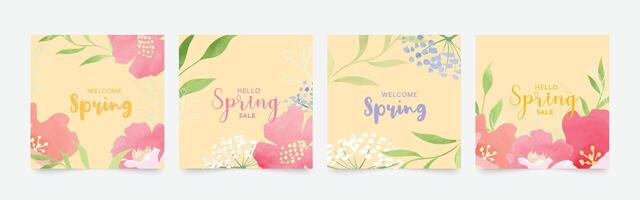 Spring season floral square cover vector. Set of banner design with flowers, leaves, branch, watercolor texture. Colorful blossom background for social media post, website, business, ads. vector