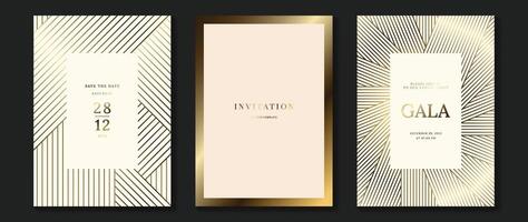 lujo invitación tarjeta antecedentes vector. dorado elegante ondulado oro línea modelo en ligero antecedentes. prima diseño ilustración para Boda y VIP cubrir plantilla, grandioso apertura. vector