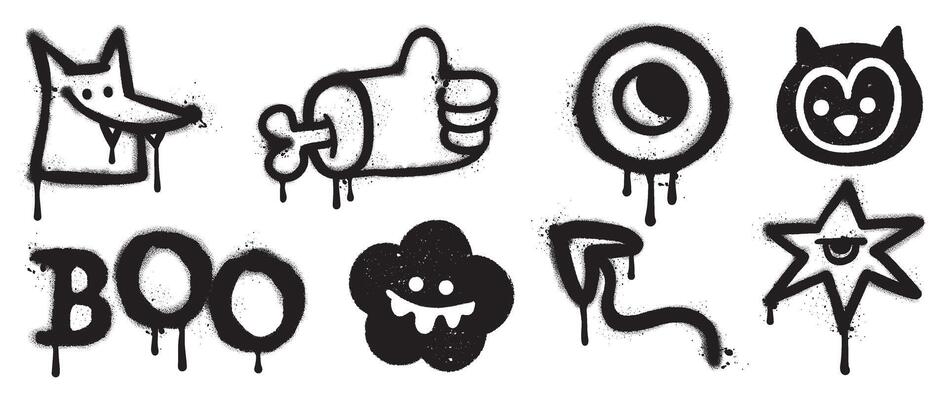 Set of black graffiti spray element vector. Collection halloween of symbol, hand, eye, flower, arrow, dog with ink drip texture. Design illustration for sticker, decoration, street art.