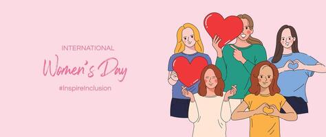 International Women's Day banner vector. Inspire Inclusion hashtag slogan with hand drawn women character from diverse background heart shape hand gesture. Design for poster, campaign, social media. vector