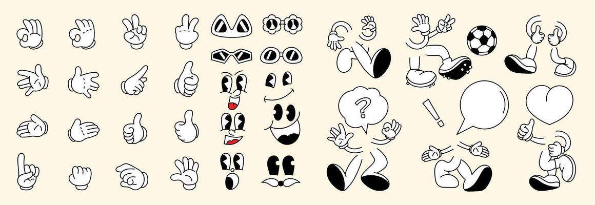 Set of 70s groovy comic faces vector. Collection of cartoon character faces, leg, hand in different emotions happy, angry, sad, cheerful. Cute retro groovy hippie illustration for decorative, sticker.
