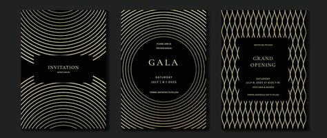 Luxury invitation card background vector. Golden elegant geometric shape, gold line gradient, curve on dark gradient background. Premium design illustration for gala card, grand opening, wedding. vector