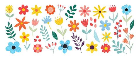 Collection of spring colorful flower elements vector. Set floral of wildflower, leaf branch, foliage on white background. Hand drawn blossom illustration for decor, easter, thanksgiving, clipart. vector