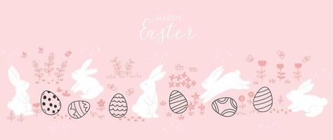 Happy Easter element background vector. Hand drawn cute white rabbit, easter egg, flower, leaf, insect on pink background. Collection of adorable doodle design for decorative, card, kids, banner. vector