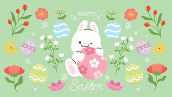 Happy Easter element background vector. Hand drawn cute white rabbit, easter egg, flower, leaf branch on green background. Collection of adorable doodle design for decorative, card, kids, banner. vector