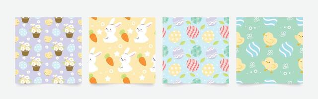 Happy Easter seamless pattern vector. Set of square cover design with easter egg, rabbit, carrot, flower, chick. Spring season repeated in fabric pattern for prints, wallpaper, cover, packaging, ads. vector