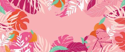 Summer tropical jungle pink background vector. Colorful botanical with exotic plant, flowers, palm leaves, fruit, grunge texture. Happy summertime illustration for poster, cover, banner, prints. vector