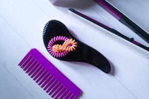 Hair care instruments. Beauty salon. Hair care tools top view. photo