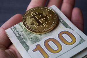 Golden bitcoin and dollars in male hand on a dark blue wooden background. Gold coin of cryptocurrency. photo